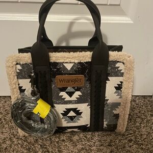 Wrangler Aztec Tote Bag, Black And Cream w Faux Sherling Trim